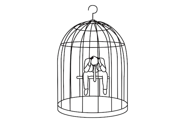 Dibujo de un hombre de negocios solo y desesperado en una jaula de pájaros que quiere renunciar Arte de una sola línea continua