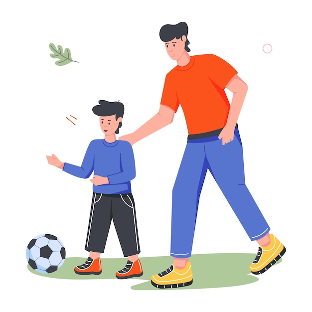 un dibujo de un hombre y un niño jugando al fútbol con un pájaro en el suelo