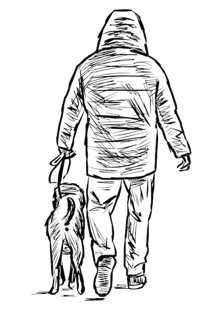 Dibujo de hombre con perro caminando al aire libre