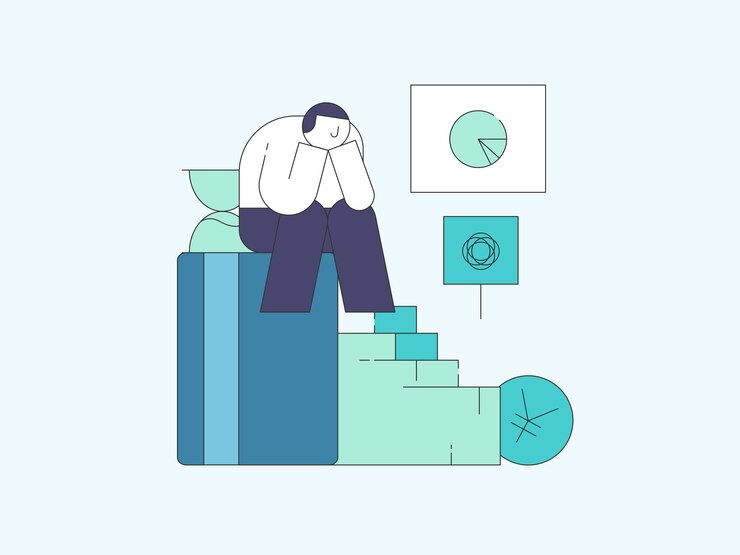 Vector un dibujo de un hombre sentado en las escaleras con un letrero azul y verde que dice no