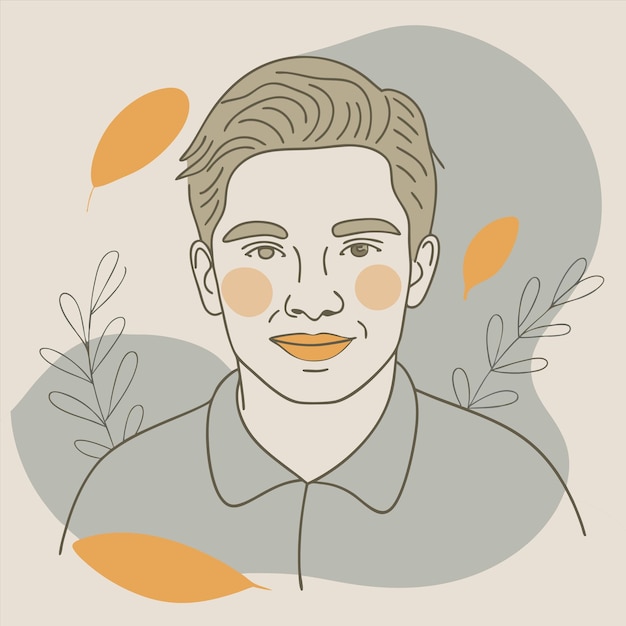 un dibujo de un hombre con una sonrisa amarilla y hojas