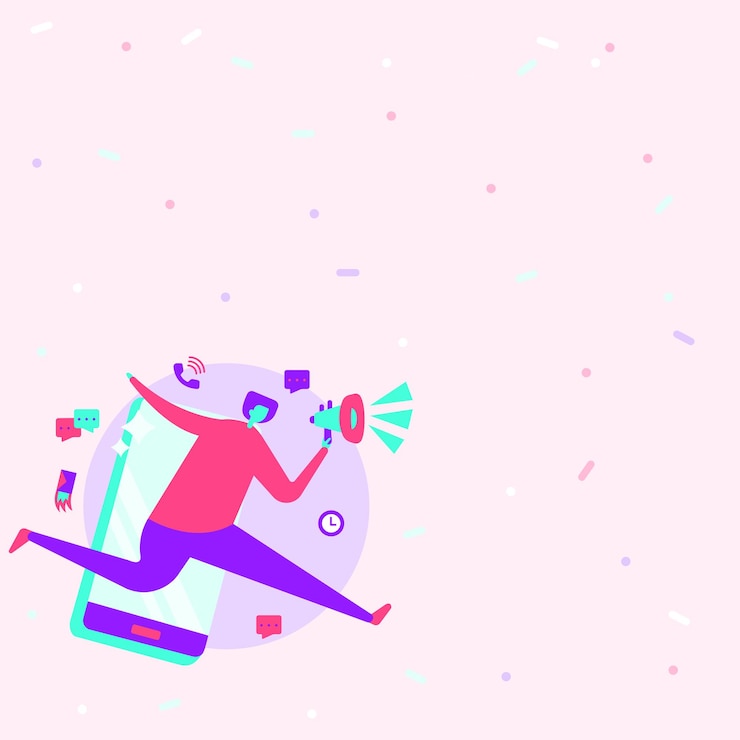 Vector dibujo de hombre sosteniendo megáfono corriendo con teléfono móvil haciendo comentarios y reacción caballero
