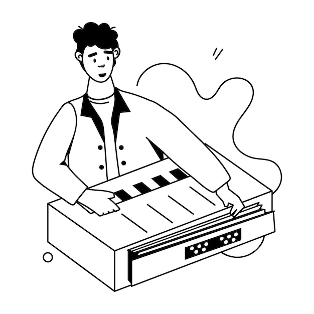un dibujo de un hombre tocando el piano con la palabra d en él