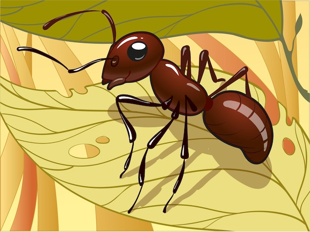 Vector un dibujo de una hormiga negra sobre una hoja con un fondo verde.