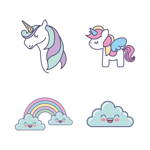 Dibujo icono de unicornios conjunto lindo