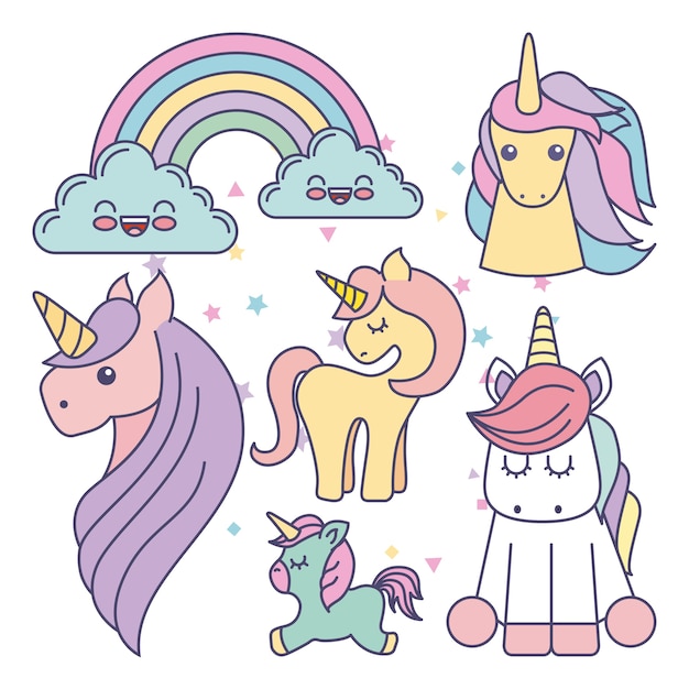 Vector dibujo icono de unicornios conjunto lindo