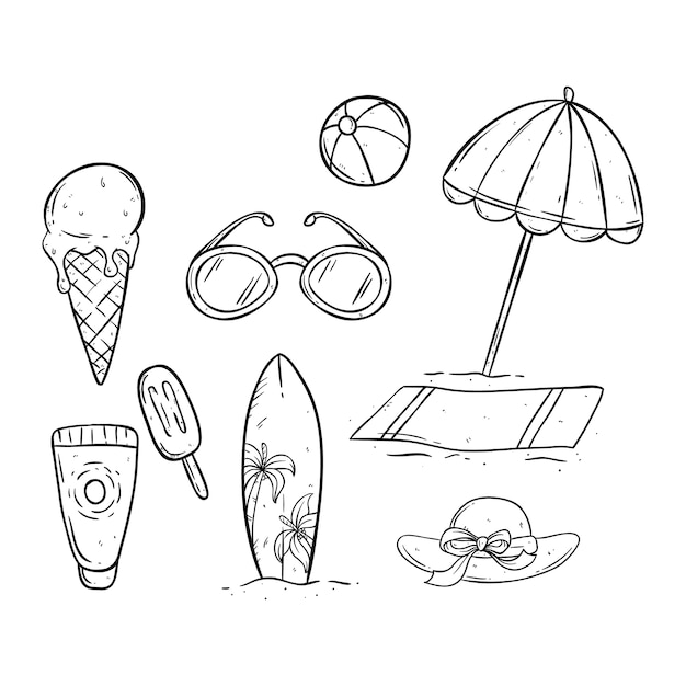Dibujo de iconos de verano blanco y negro a mano