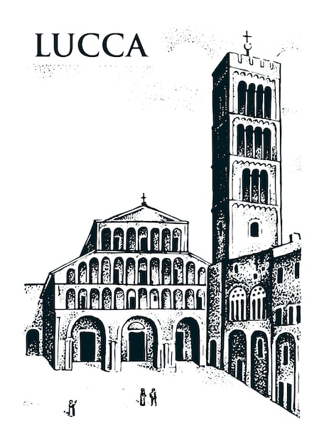 Vector un dibujo de una iglesia con una torre de reloj al fondo.