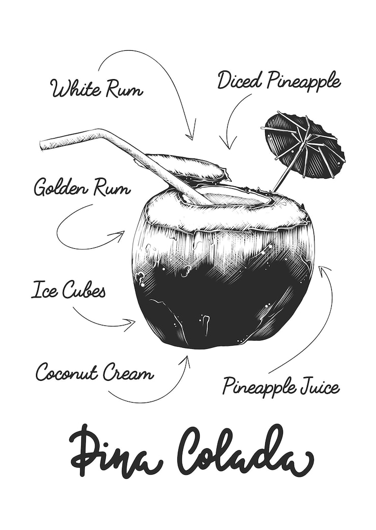 Vector dibujo de ilustración de cóctel de coco de piña colada grabado vectorial con letras y bebida de receta