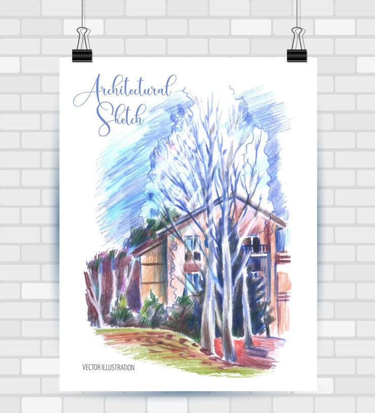 Vector dibujo de ilustración en formato vectorial. cartel con hermoso paisaje y casa.