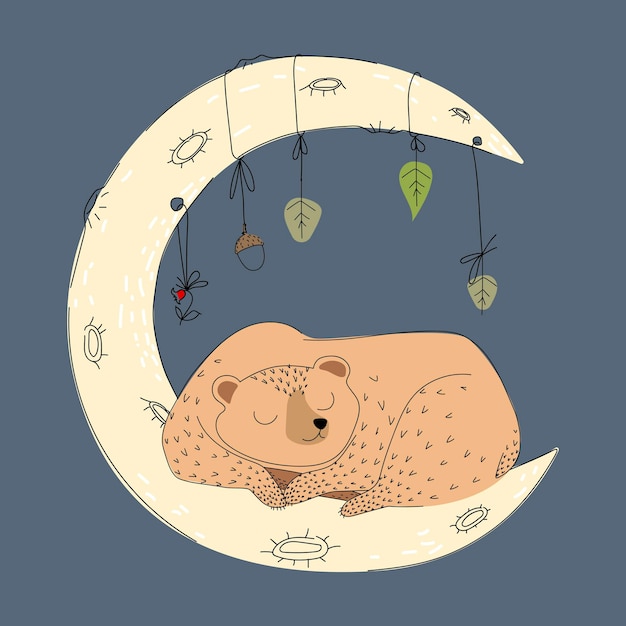 Dibujo de ilustración con oso durmiente en el garabato de la luna