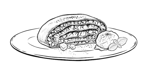 Dibujo de ilustración de strudel de manzana en un plato