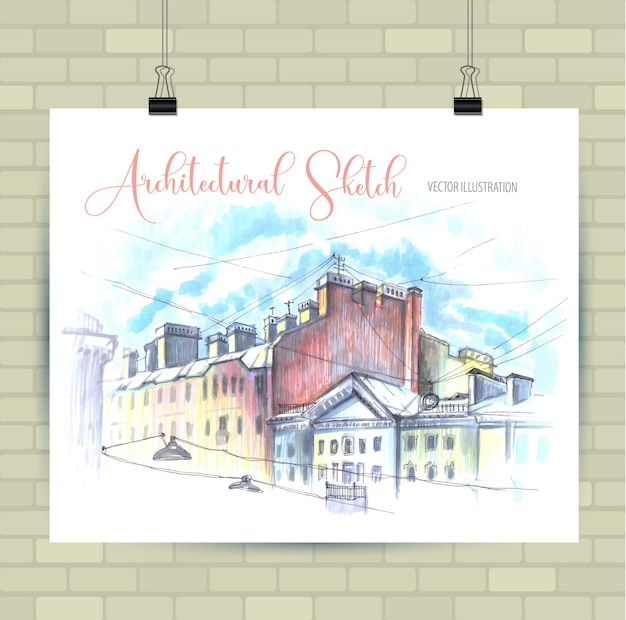 Dibujo de ilustración en vector. Cartel con bellos paisajes y elementos urbanos.