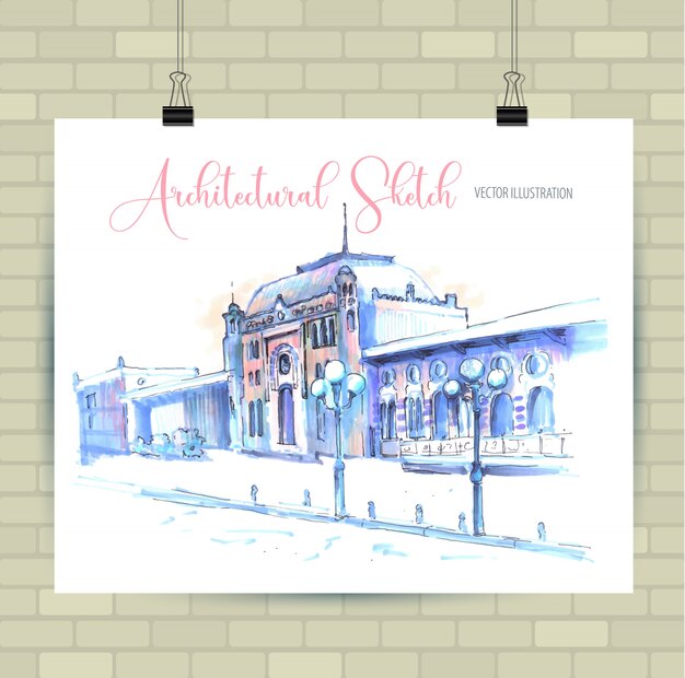 Dibujo de ilustración en vector. Cartel con hermosa ciudad vieja.
