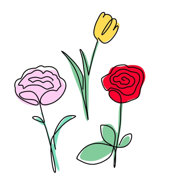 Dibujo de ilustración vectorial con una sola línea conjunto de flores rosa peonía tulipán se puede utilizar