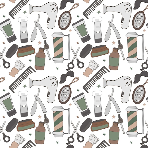 Dibujo inconsútil dibujado a mano garabato Iconos de peluquero conjunto Ilustración vectorial