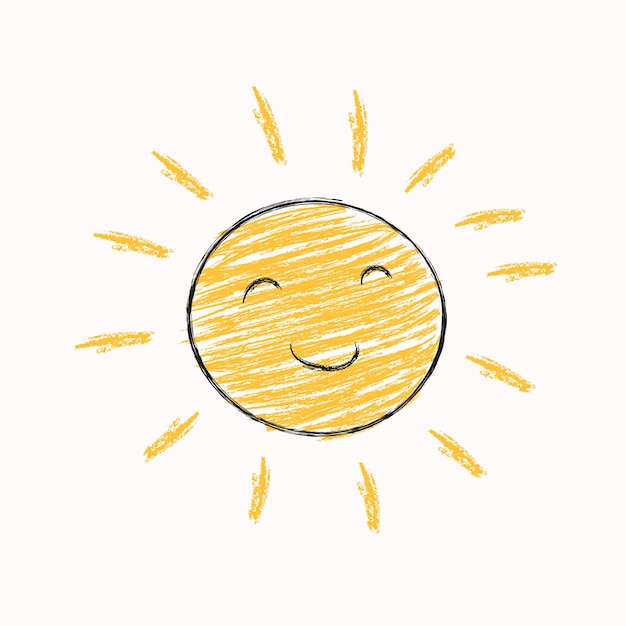 Vector dibujo infantil de un sol sonriente dibujado con lápices de colores