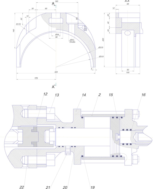 Dibujo de ingeniería de equipos industriales.