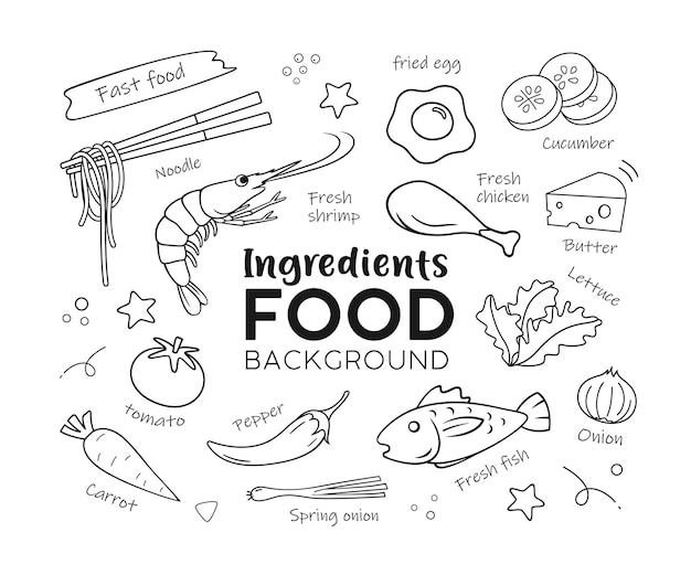 Dibujo de ingredientes alimentarios aislados en la ilustración de vector de fondo blanco