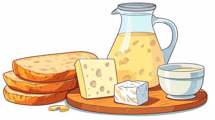 Vector un dibujo de una jarra de miel y pan en una mesa