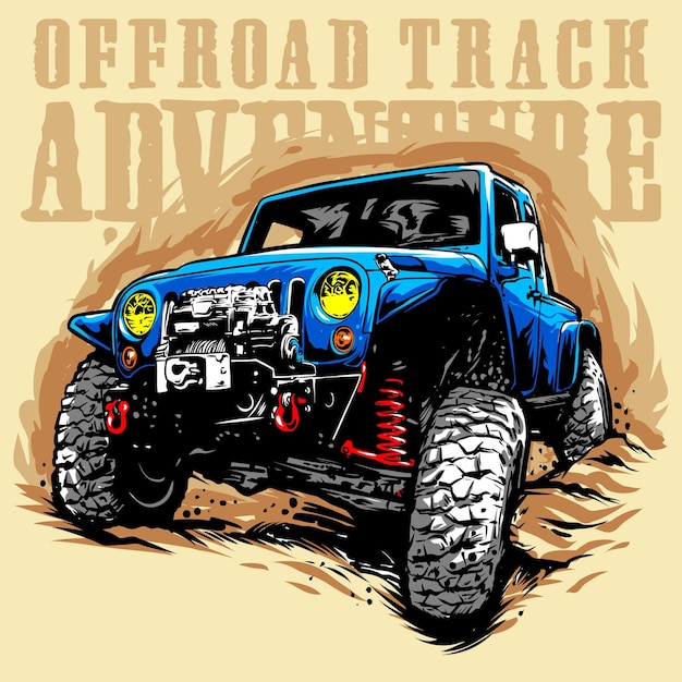 un dibujo de un jeep azul con las palabras offroad track adventure