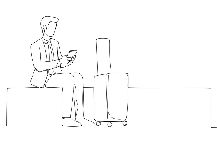 Vector dibujo de un joven esperando y usando un teléfono móvil en el aeropuerto estilo de arte de una sola línea