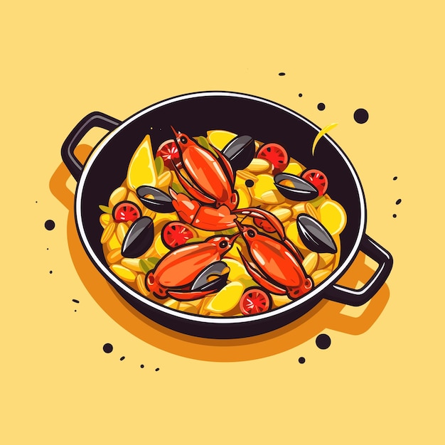 Vector un dibujo de langostas y langostas cocinando en una sartén.