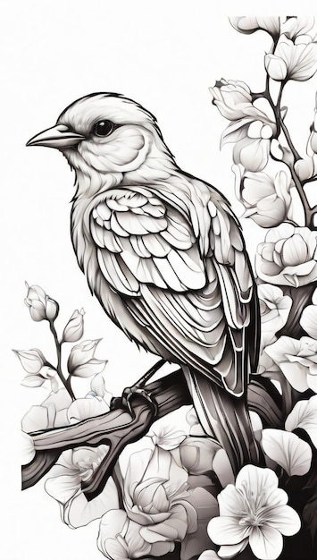 Un dibujo a lápiz en blanco y negro de un pájaro en una rosa en el estilo