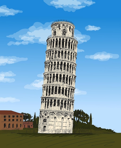 Dibujo a lápiz de color de la torre inclinada de Pisa Italia