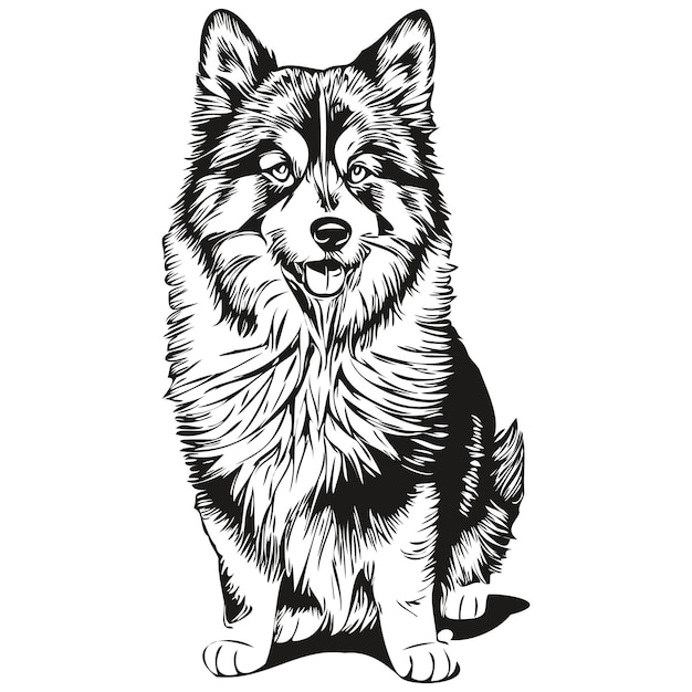 Dibujo a lápiz de contorno de perro Lapphund finlandés, obra de arte, personaje negro sobre fondo blanco, dibujo de boceto