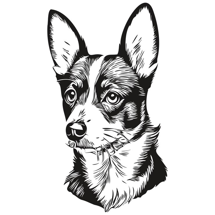 Vector dibujo a lápiz de contorno de perro rat terrier, obra de arte, personaje negro sobre fondo blanco, dibujo de boceto