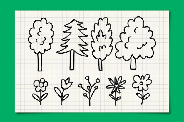 Vector dibujo a lápiz lineal de árbol y flores