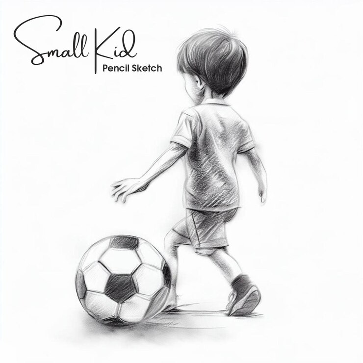 Dibujo a lápiz de niño pequeño jugando fútbol