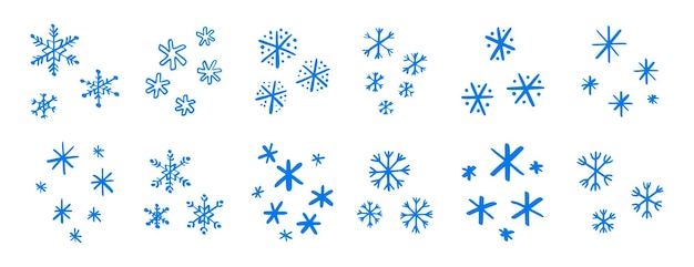 dibujo con lápiz de tiza juegos de copos de nieve azules copo de nieve garabateo dibujado a mano elementos de estilo lindo concepto de invierno o Navidad