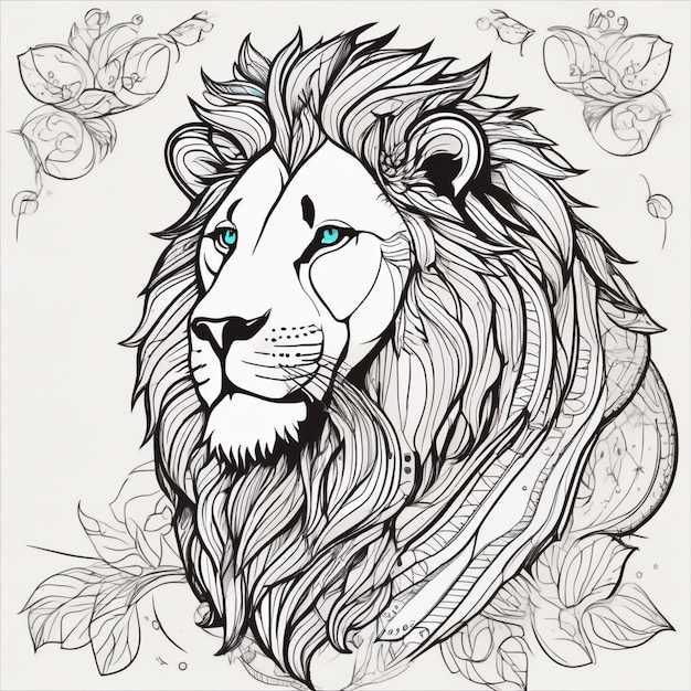 un dibujo de un león con flores y hojas