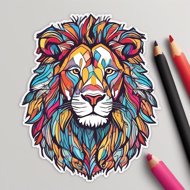 Vector un dibujo de un león con un lápic rojo y un lápiz