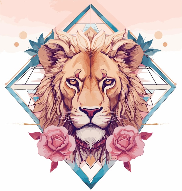 Vector un dibujo de un león con rosas y un león en él