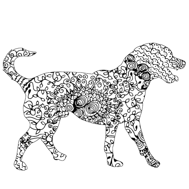 Dibujo para libro de colorear antiestrés para adultos con elementos de doodle y zentangle perro aislado