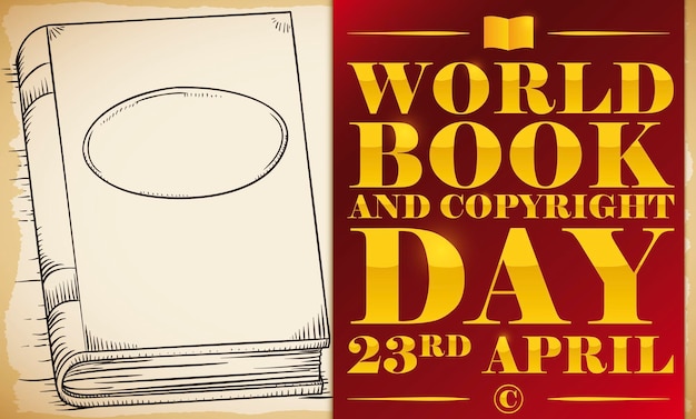 Dibujo de libro en pergamino con cinta de saludo roja para el Día Mundial del Libro y los Derechos de Autor