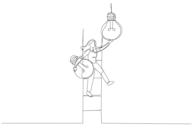 Dibujo de una líder empresaria que sube la escalera para cambiar la idea de la bombilla Cambiar a una nueva innovación Estilo de arte de una línea
