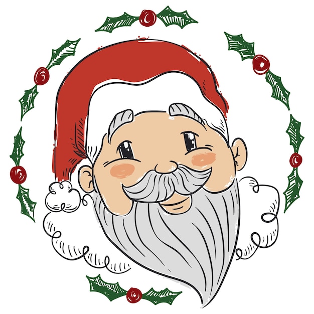 Dibujo con una linda cara de Papá Noel decorada con muérdago a su alrededor que simboliza el espíritu de Navidad