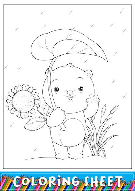 Dibujo de lindo oso sostiene una hoja cuando llueve para colorear