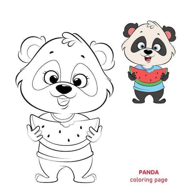 Dibujo de lindo panda comiendo sandía para colorear