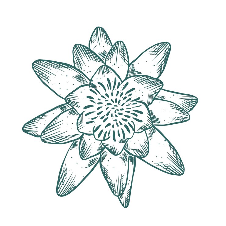 Dibujo de línea de agua grabado a mano Objeto aislado de una sola flor floreciente Lotus vector vintage