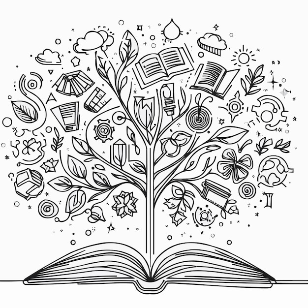 Dibujo de una línea del árbol del conocimiento del libro para la creatividad conceptual