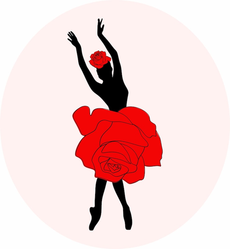 Vector dibujo de línea de una bailarina en un vestido de tutu de rosa en flor de pie en zapatos de punta figura delgada