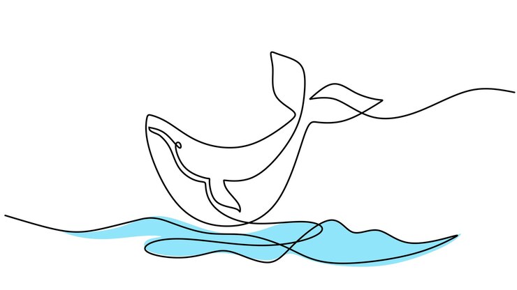 Dibujo de una línea de ballena saltando aislada sobre fondo blanco