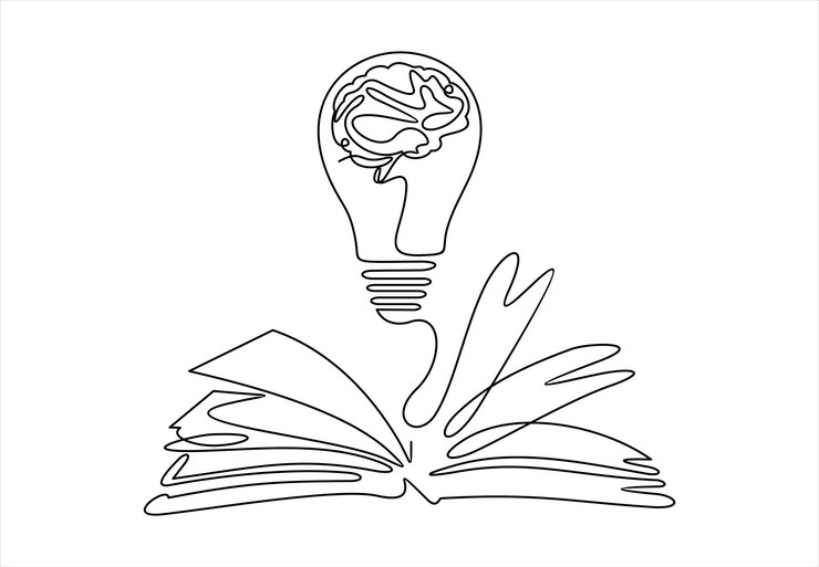 Vector dibujo de línea de una bombilla brillante por encima de un libro de texto abierto