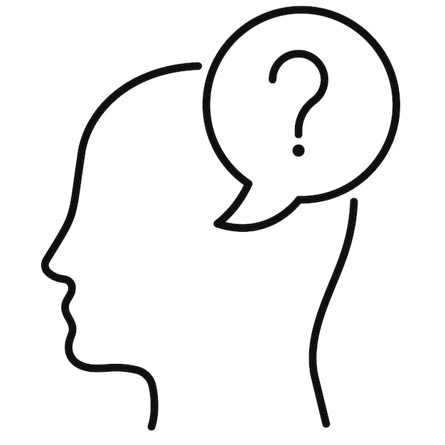 un dibujo de línea de la cabeza de una persona con un signo de interrogación en el medio