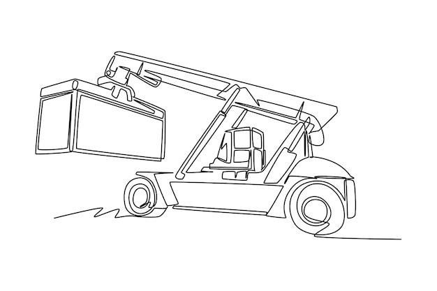 Un dibujo de línea de una carretilla elevadora está descargando un contenedor Concepto de transporte de vehículos de entrega de carga de mensajería Diseño de dibujo de linea continua única
